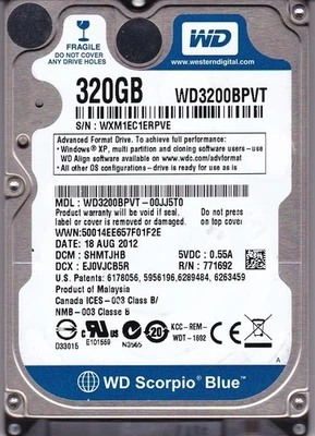 WD3200BPVT-00JJ5T0 dcm: SHMTJHB AUG 2012 320GB SATA 2.5" WESTERN DIGITAL - Image 1 of 4