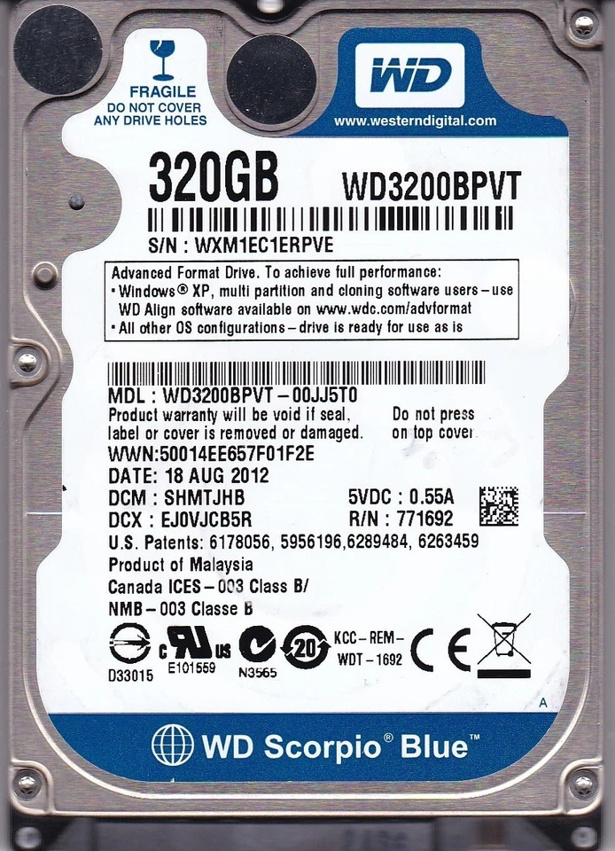 WD3200BPVT-00JJ5T0 dcm: SHMTJHB AUG 2012 320GB SATA 2.5" WESTERN DIGITAL - Image 1 of 4