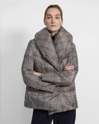 Theory Glen Plaid Shawl Puffer Coat In Gray Melange Sz S - Image 1 of 4