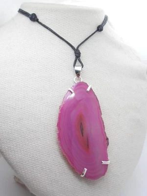 Ciondolo in Argento 925 con Agata Rosa e girocollo - Pietra Dura Fucsia - Fuxia - Immagine 1 di 4