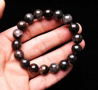 Brazalete de cuentas redondas de piedras preciosas de cristal de jardín fantasma fantasma negro natural de 11,3 mm Foto 1 de 4