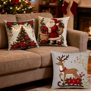 Weihnachtskissenbezug aus Leinen mit Elch und Schneemannmotiv X5S5 - Picture 1 of 9