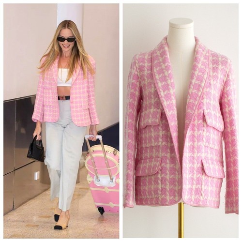 Rara giacca Chanel vintage S S 1996 Barbie rosa bianca tweed a scacchi CC 96P