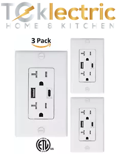 (3) Teklectric 4A Dual USB Type A & C Receptacle 20A, ETL Listed, TR Outlet - Picture 1 of 6