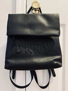 DKNY Tilly Foldover Backpack Soft Faux Black Leather Embossed Logo - Picture 1 of 10
