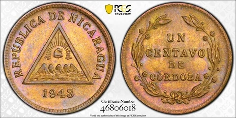 1943 Nicaragua 1 Centavo PCGS MS64 Lot#G4872 Choice UNC! Cover