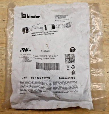 Binder M12 Cable Connector 4 pole/ AWG 18 / Style 2517 Tightening Torque: 0.4Nm - Image 1 of 4
