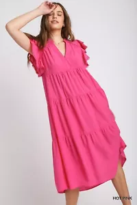 Umgee Hot Pink  Split Neck A-Line Tiered Midi Dress Short Ruffle Sleeves w/ Trim - Picture 1 of 4