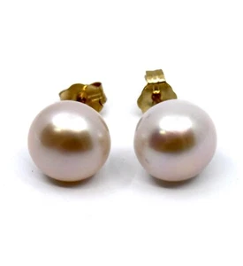 Light Pink / Rose Freshwater 8mm Pearl Stud Earrings in 14K Solid Yellow Gold - Picture 1 of 10