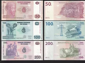 Lote (3 Piezas) Congo Set 50 100 200 Francos 2022 P 97B P 98B P 99B Nuevo UNC - Imagen 1 de 1