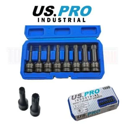 US PRO INDUSTRIAL 8 Piece 1/2" Impact spline Socket Bit Set M5 - M18 Bits 1690