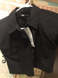 Neu mit Etikett Zara schwarze Baumwollbluse wattierte Schultern. Gr. S  - Bild 1 von 3