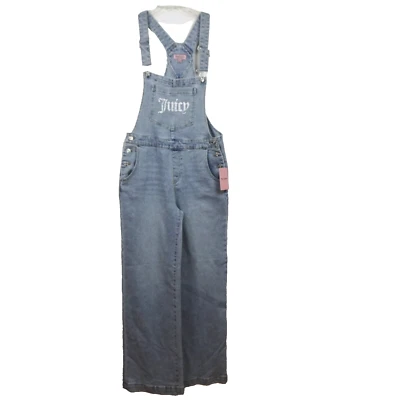 Juicy Couture Overalls Women's Size M Blue Denim Wide Leg Rhinestone Logo - Image 1 of 4