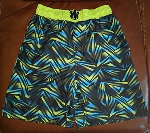 Sport Swimming Swim Shorts Trunks Black, Neon Yellow Blue Sz L 12/14 Pockets EUC - Picture 1 of 5