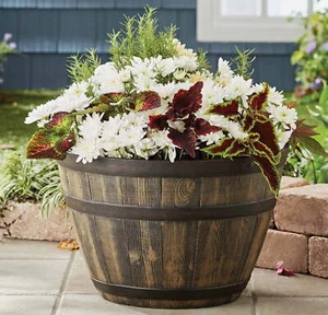 20" X 20" X 13" Brown Resin Whiskey Barrel Planter Easy Knock-out Drainage Holes - Picture 1 of 8