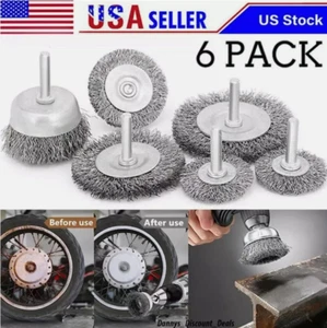 6pc Wire Wheel Cup Brush Set Drill Attachment Coarse Crimped Carbon Steel Shank - Picture 1 of 6