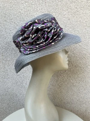 Vintage Brim Hat Fabric Grey Weave Silk Bow Sz 21” Designer Millinery - Image 1 of 4