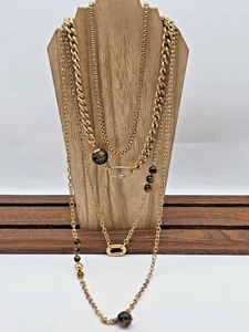 Chico’s 4 Strand Matte Gold Chain Necklace Tortoise Bead Rhinestone Accents 18" - Picture 1 of 12