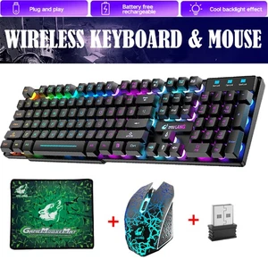 Wireless Gaming Keyboard & Mouse Combo LED Backlit RGB Keyboard Desktop Keyboard - Picture 1 of 14