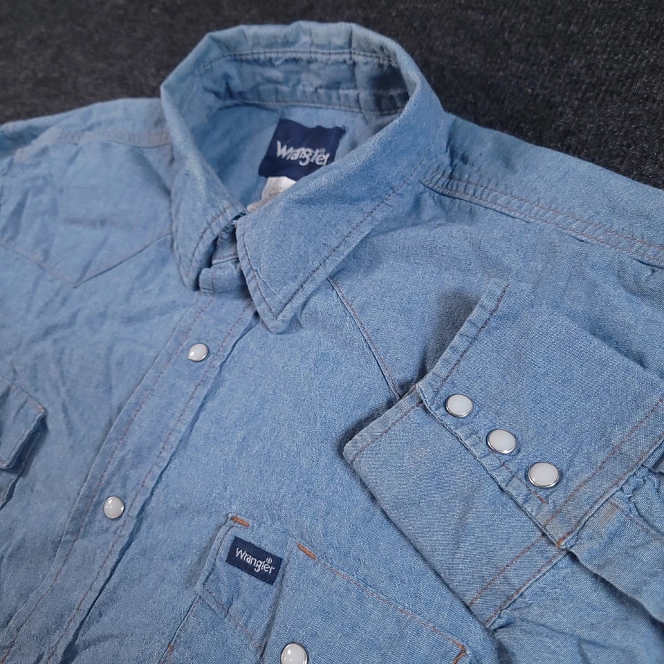 Wrangler Western Denim Snap Shirt 2XL Blue Chambray Long Sleeve 100% Cotton - Image 1 of 4