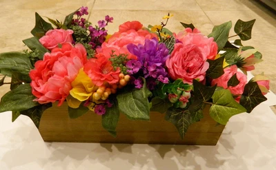 Faux Floral Home Decor Arrangement in Wooden Box - Image 1 of 4