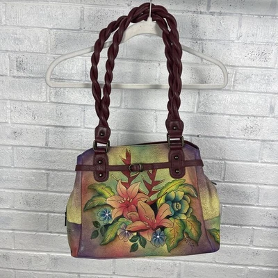 Bolso Cartera Anuschka Cuero Pintado a Mano Floral Mango Trenzado Artesano Boho Foto 1 de 4