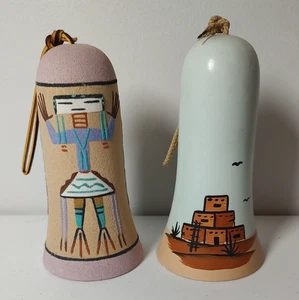 2 VTG Art Pottery Clay Hanging Bells Wind Chime Handmade Southwest Unbranded 7" - Picture 1 of 9