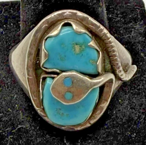 Vintage Effie Calavaza Zuni Sterling Silver Snake Ring Sz 10 Turquoise Signed - Picture 1 of 18