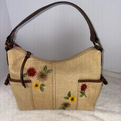 Fossil Straw Purse Handbag Floral Embroidered Y2K Key Accent Brown Trim Boho - Image 1 of 4