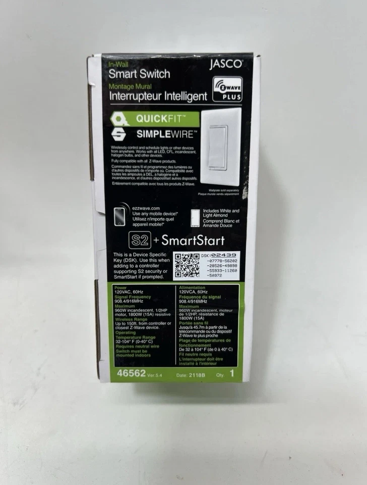Jasco Z-Wave Smart Light Switch 46562 ZW4008 GE 15A White New Smart Home - Image 1 of 1