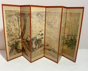 Vintage Japanese Byobu Style Mini Folding Screen Birds Flowers Stream Gold Gild - Picture 1 of 9