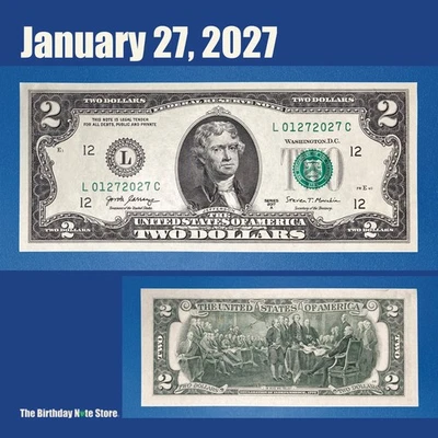 January 27, 2027 Birthday Anniversary $2 Two Dollar Bill Serial Number 01272027 - Image 1 of 2