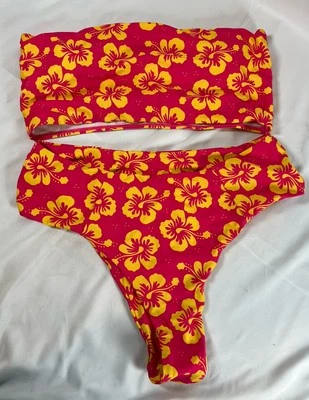 Bikini floral hawaiano tropical Bandeau 2 piezas traje de baño para mujer talla 2XL rosa amarillo Foto 1 de 4