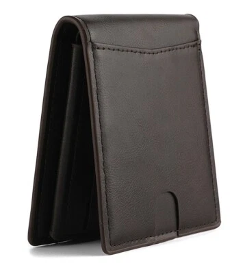 Cartera de cuero delgada plegable con bloqueo RFID para hombre con bolsillo exterior tarjetero Foto 1 de 4