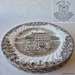 4 Johnson Bros Made in England HERITAGE HALL Brown Multicolor 9¾" Dinner Plates - Picture 1 of 14