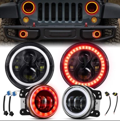 For Jeep Wrangler JK JKU Halo Red DRL 7" LED Headlights 4" Fog Lights Combo Kit — 第 1/4 张图片