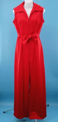 Vtg Women's 70s Red Zip Up Wide Leg Jumpsuit W/ Waist Tie Sz M 1970s Polyester - Image 1 of 4