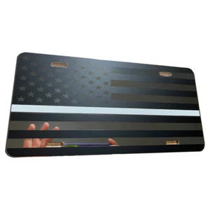 Thin White Line Tactical US American Flag Matte Blk Mirrored Aluminum Car Tag - Imagen 1 de 6