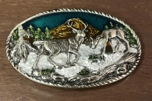 Deer Scene (Buck & Doe) - Belt Buckle Enamel & Pewter VTG - Picture 1 of 3