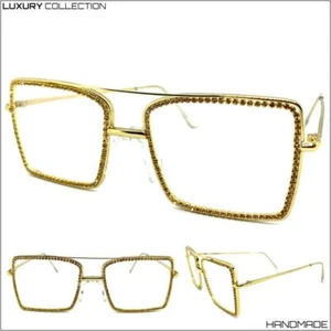 Womens Classy Elegant Modern Clear Lens EYE GLASSES Gold Metal Frame Rhinestones - Picture 1 of 8