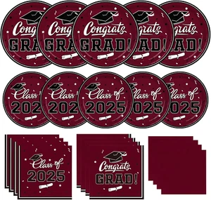 Graduation Party Plates and Napkins Graduation Party Supplies Maroon Disposable - Picture 1 of 12