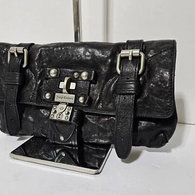 Vtg Juicy Couture Lock It Silverlake Clutch Leather Zip Flap Grunge Y2k 90s Goth - Image 1 of 4