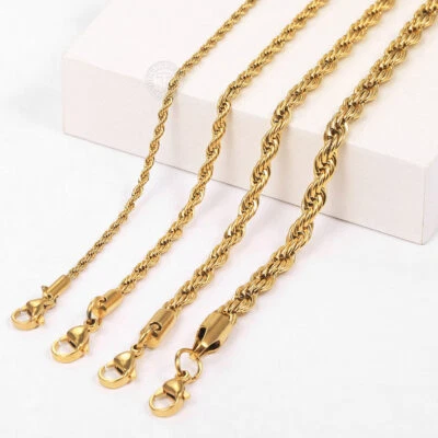 2/3/4/5/7mm Gold Plated Stainless Steel Rope Chain Bracelet or Necklace Unisex - Image 1 of 4