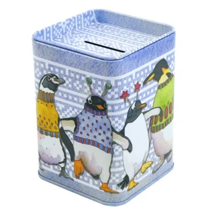 Pingüinos en suéteres Caja de Dinero Cuadrada Hojalata Crochet Tejer Emma Ball Regalos T152 - Imagen 1 de 1