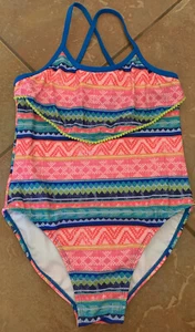 Tommy Bahama ~Girls~1-Piece Swimsuit Bathing~ Fun Print~Pom Pom trim~ Size 14 - Picture 1 of 9