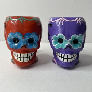 2 Sugar Skull Hand Painted Ceramic Halloween Day of the Dead His & Hers Mugs - Picture 1 of 11