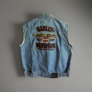 Gilet equitazione jeans denim Harley Davidson tasche colletto biker ricamato XL - Foto 1 di 11