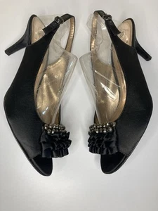 Mootsies Tootsies formal pumps Peep Toe Black heel Satin fancy bow Sz 8.5M - Picture 1 of 16