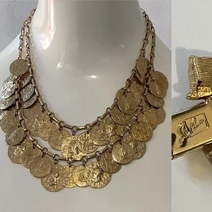 Rare Coro Pegasus 2 Strand Etruscan Coin Gold Tone Necklace 1945-1955 - Picture 1 of 11