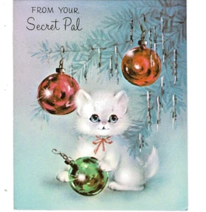 Cute White Kitten Cat Plays With Xmas Ornaments Vintage Christmas Greeting Card! - Picture 1 of 3